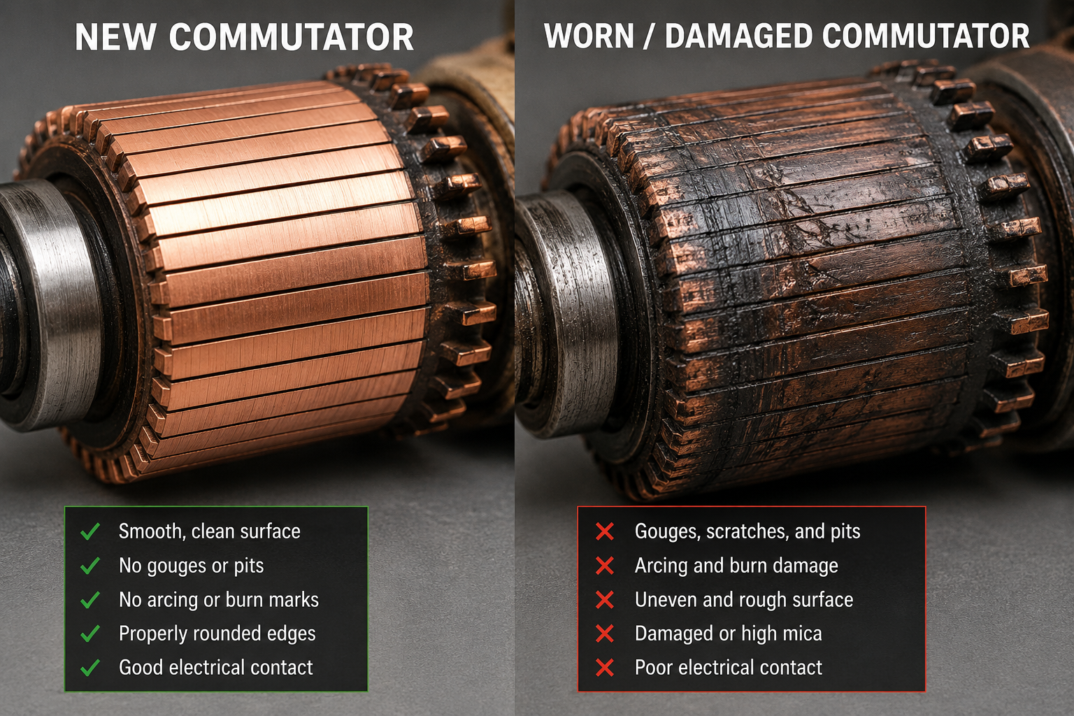 Comparison of new commutator versus worn/damaged commutator showing arcing damage